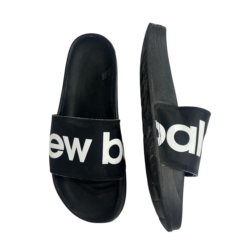 New‎ Balance Logo Slides Sandals Black Comfort Pool Gym Shower Mens Approx 12